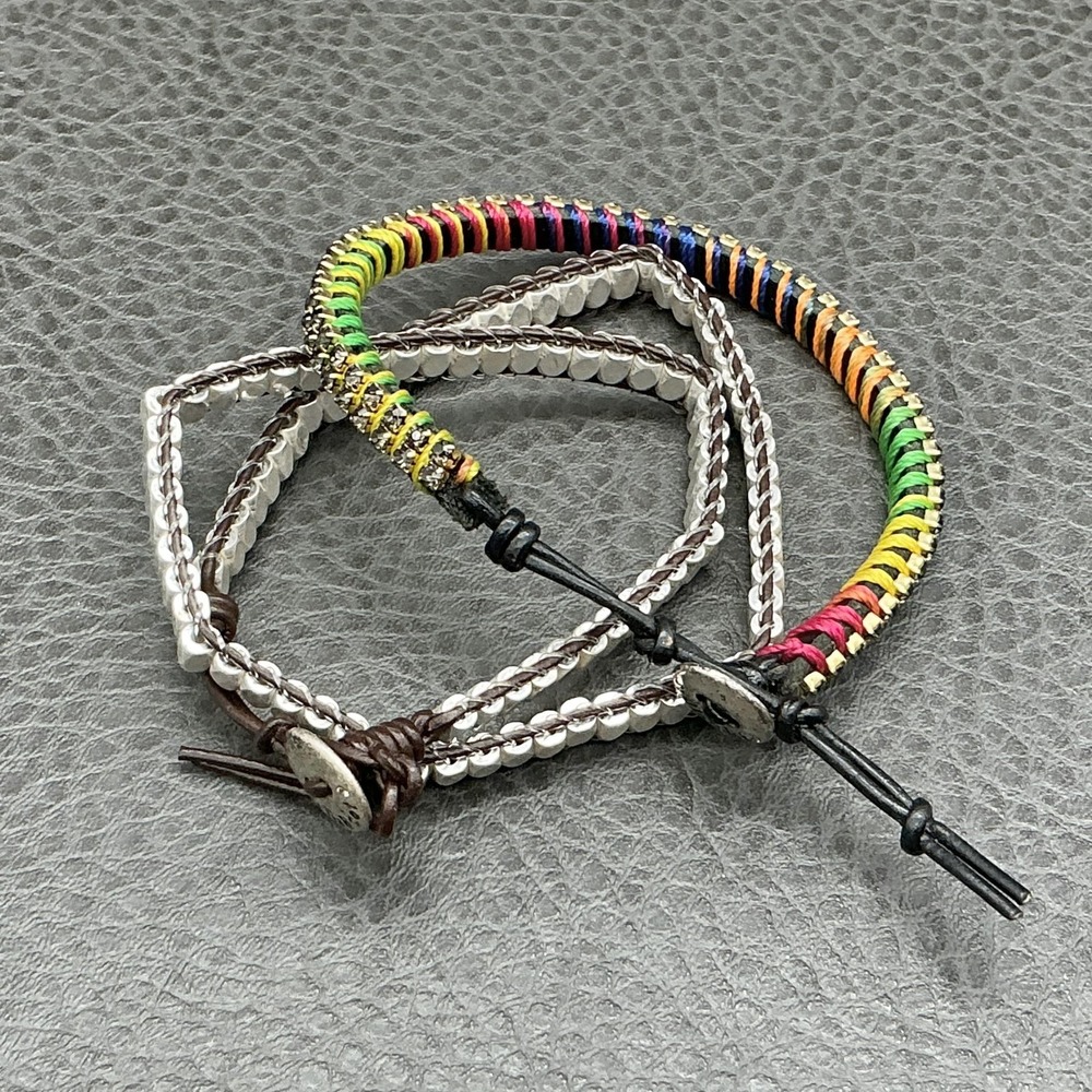 Stella & Dot Silver Bead & Rainbow Cord Friendship Bracelet Set Adjustable